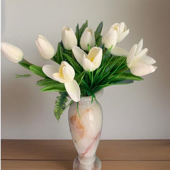 12” Onyx Marble Stone Table Vase Tall Heavy Genuine Polished Flower Cream Ivory - Picture 1 of 14